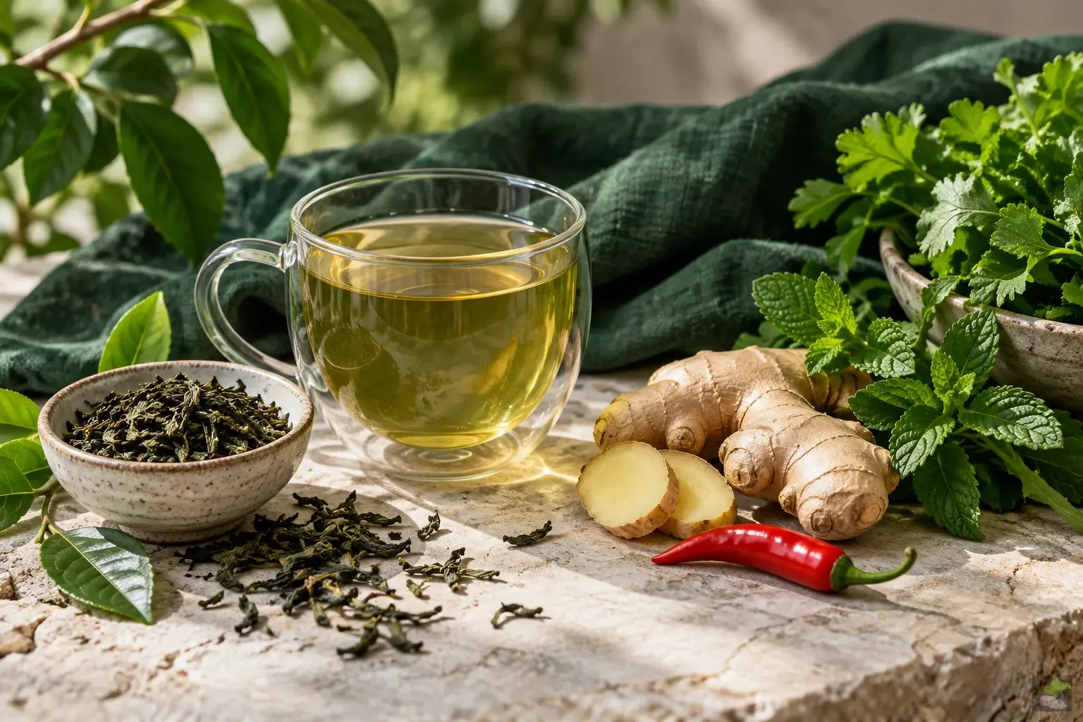 Té verde, jengibre, guindilla roja y hierbas aromáticas frescas sobre piedra clara.