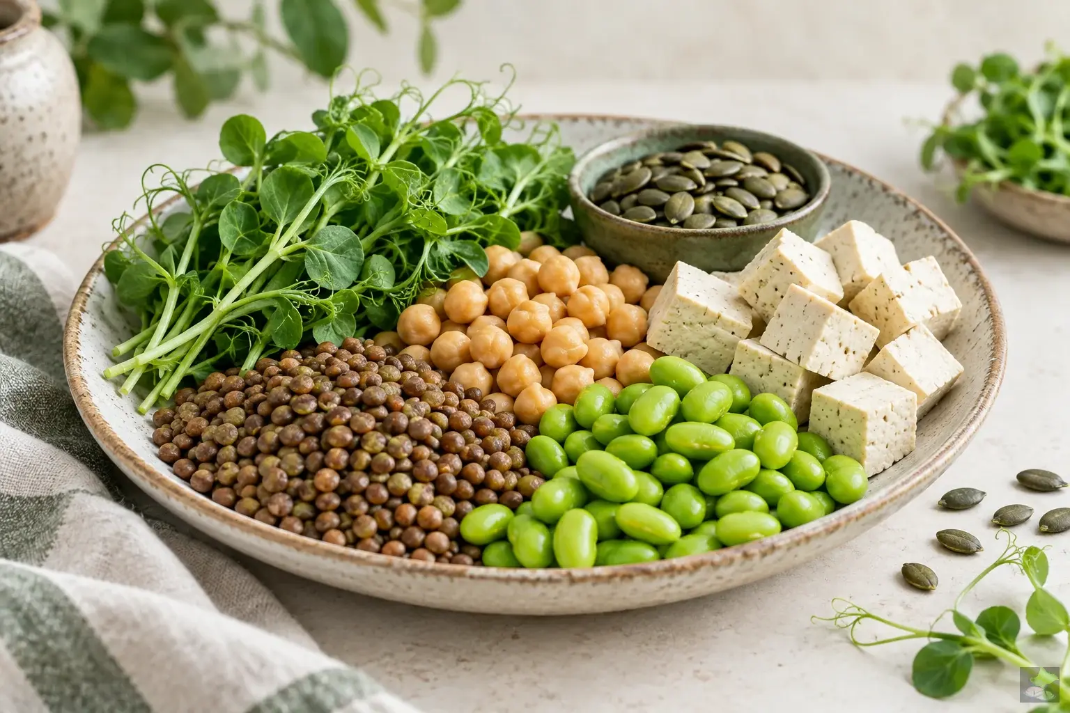 Linsen, Kichererbsen, Edamame, Tofu und Kürbiskerne neben frischen Erbsensprossen.