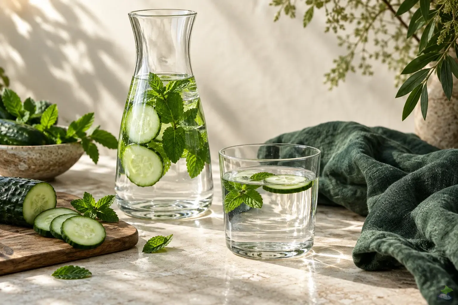Jarra y vaso de agua junto a rodajas de pepino y menta.