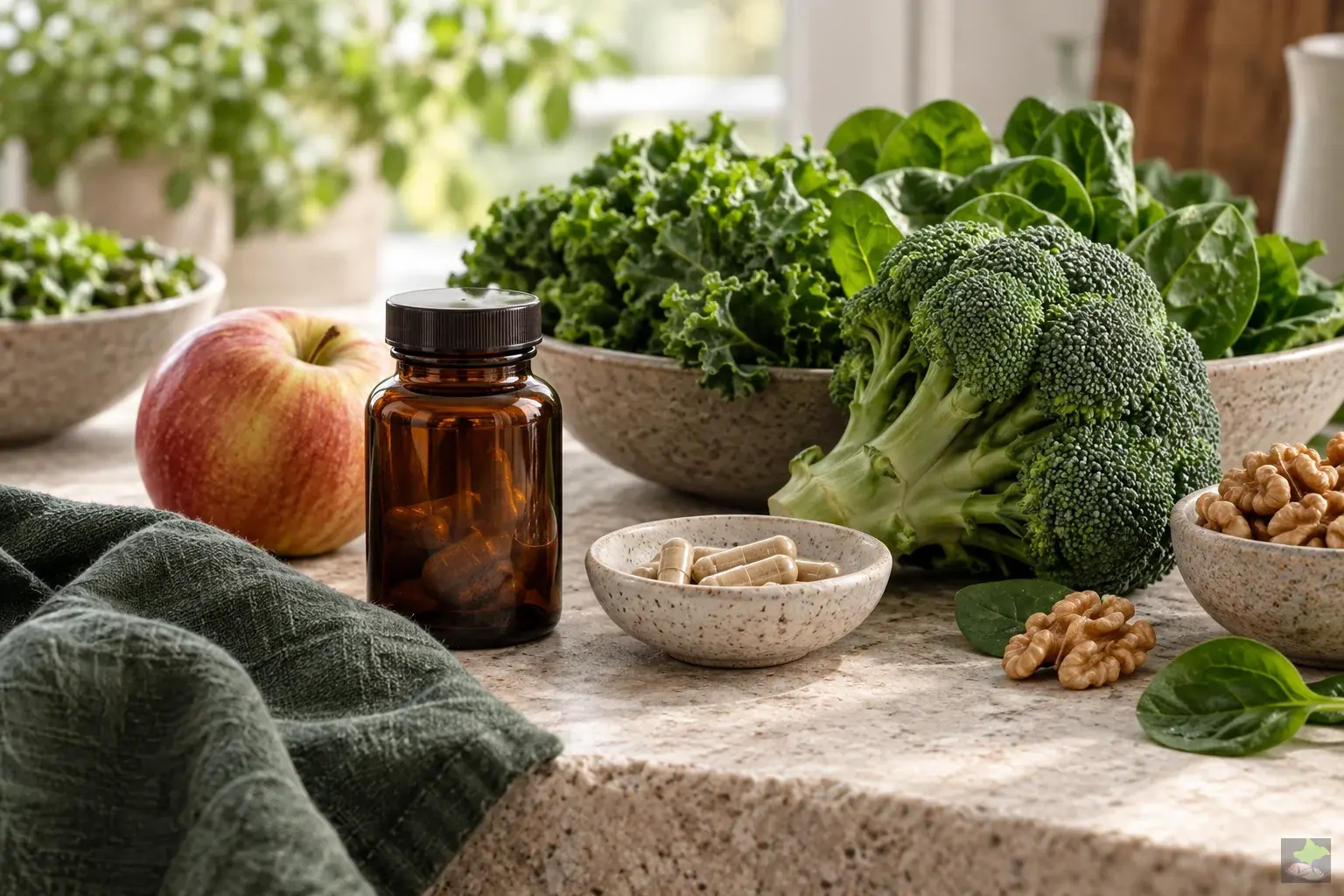 An unlabelled amber glass bottle with capsules beside vegetables, nuts and an apple.