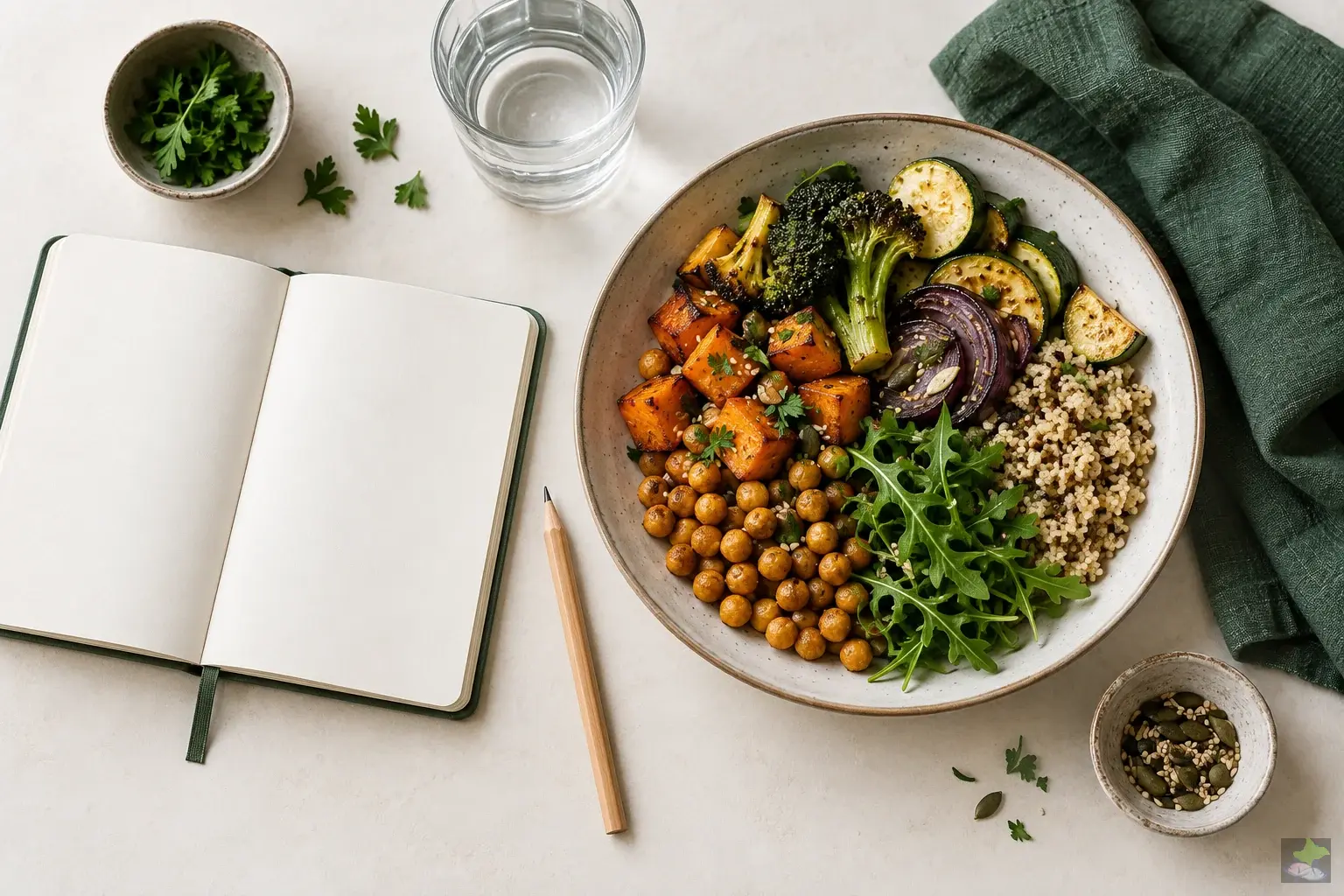 A notebook and pen beside a balanced meal with vegetables, chickpeas and whole grains.