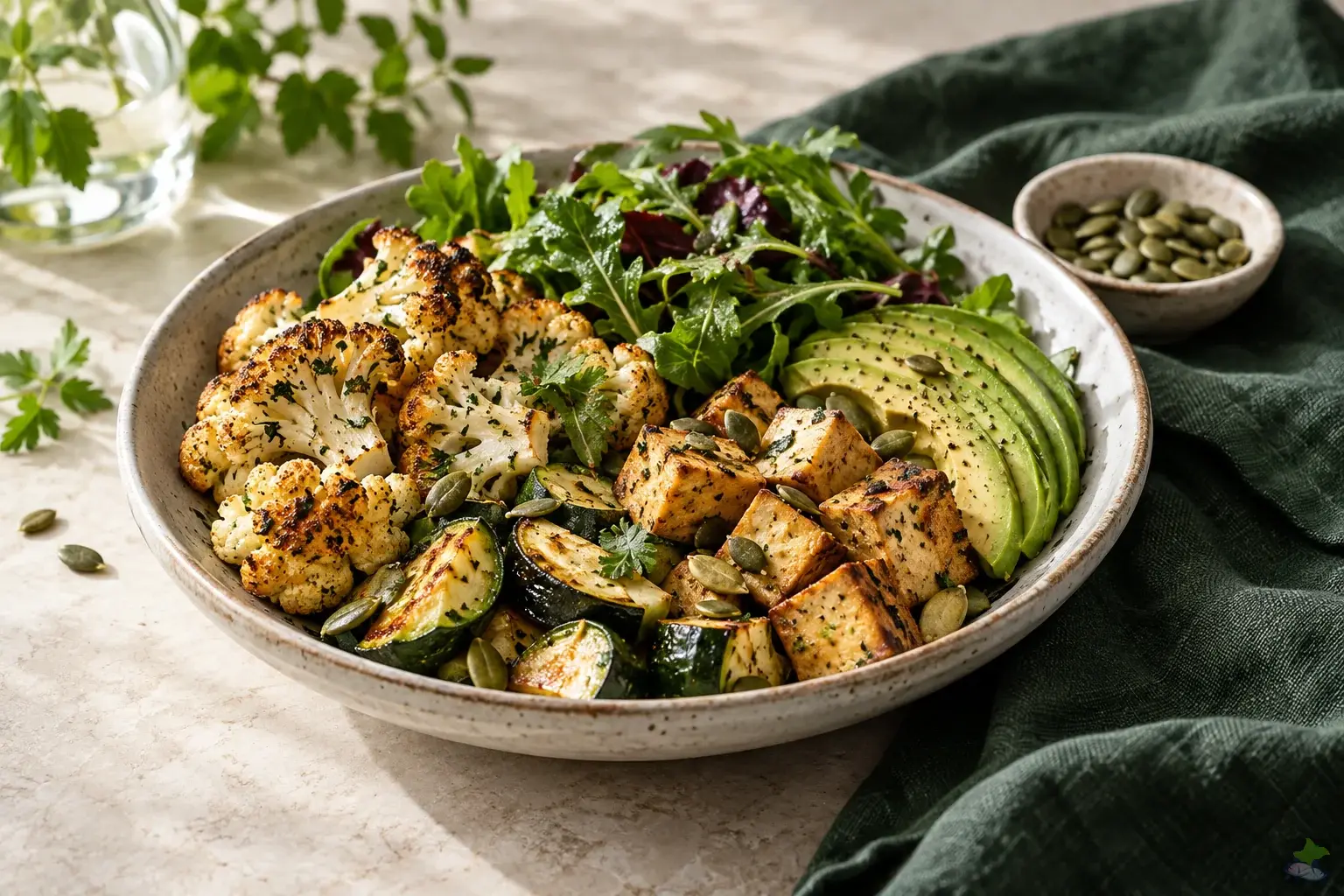 A plate with cauliflower, courgette, tofu, avocado and green leafy vegetables.