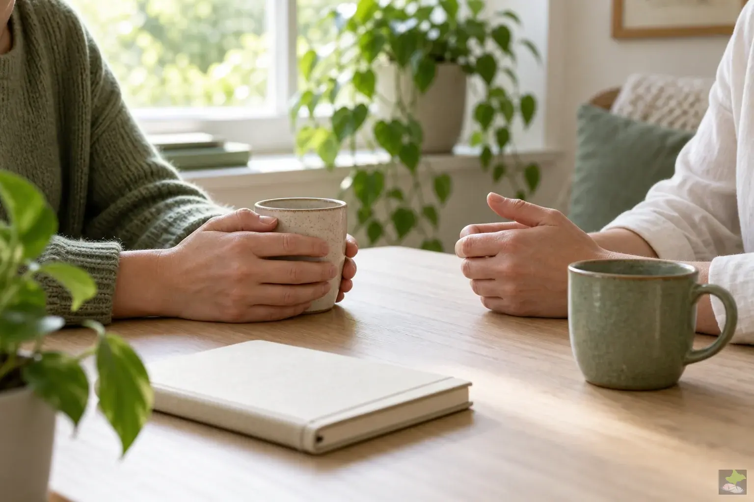 Two people having a calm conversation at a table with cups and a notebook.