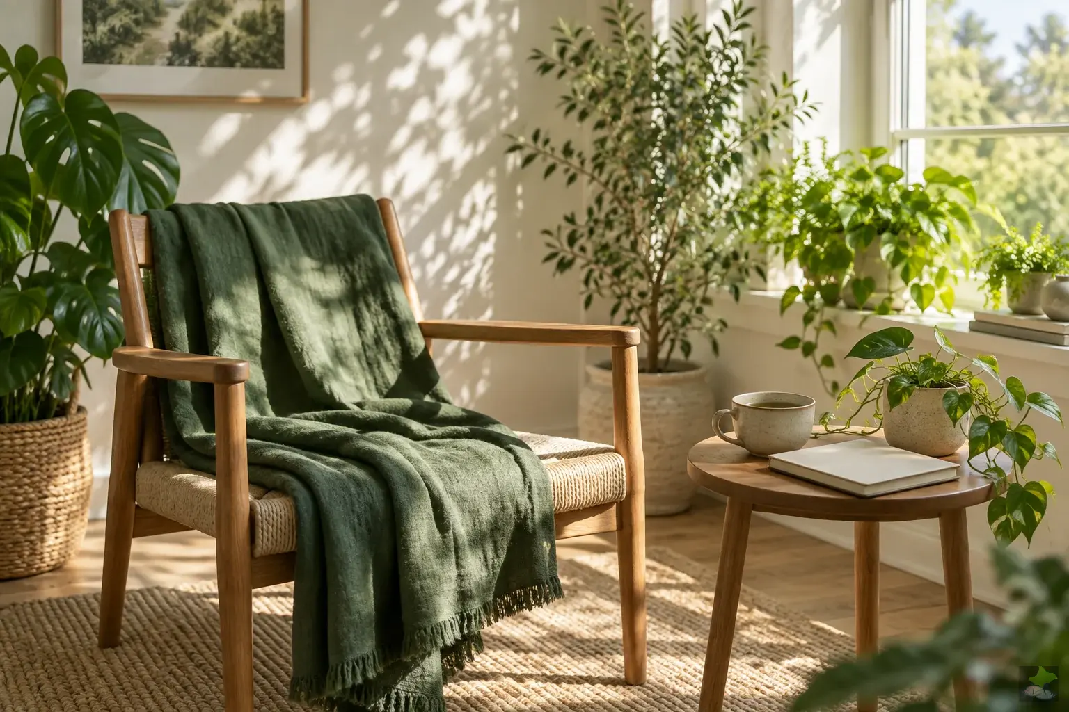 A peaceful window seat with green plants, a cup of tea and a closed notebook.